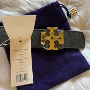NWT TORY BURCH REVERSIBLE LOGO BELT 11/2” BLACK CLASSIC TAN SIZE M